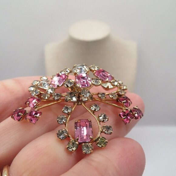 Vintage DeCurtis Pink Clear Rhinestone 12KGF Gold Tone Brooch Pendant - Picture 4 of 10